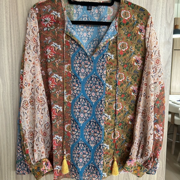 Joan Vass New York Blouse Long Sleeves Floral Patchwork Oversize Boho Large - Picture 2 of 9